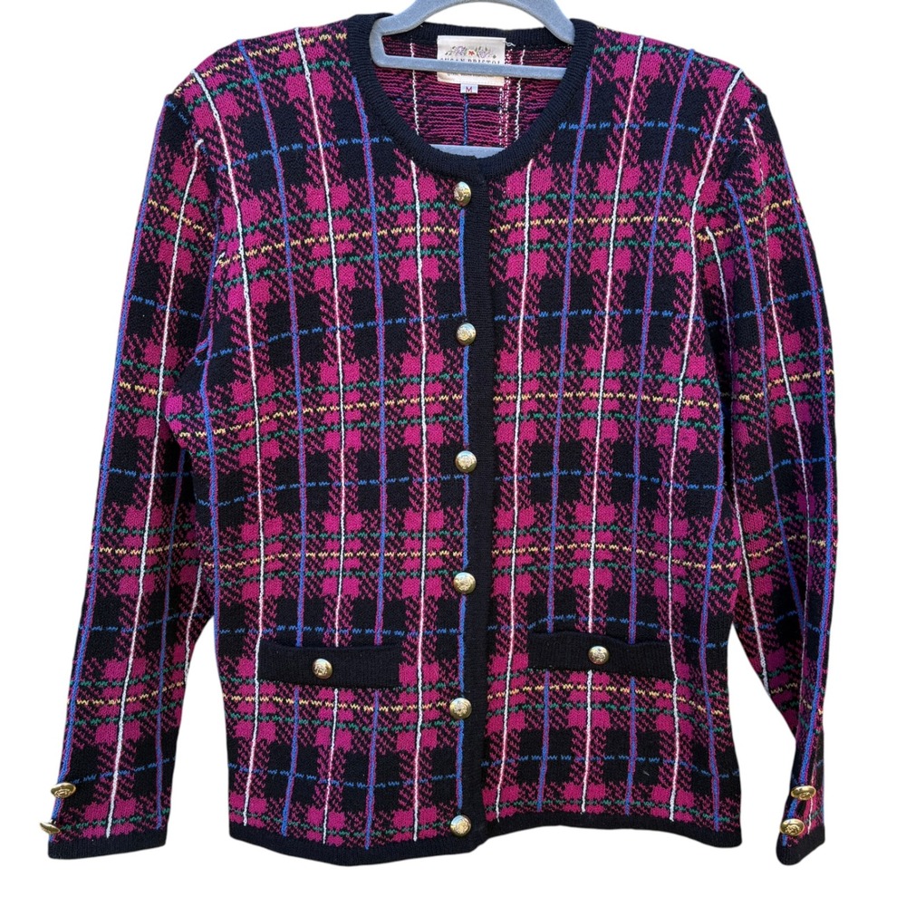 Susan Bristol Womens M Cardigan Sweater Pink Black Plaid Vintage Wool Blend 90s